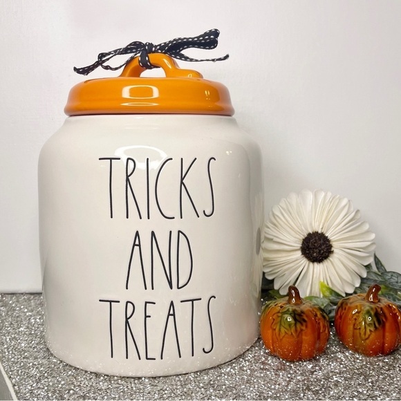 Rae Dunn Halloween Tricks and Treats White Cookie Jar Canister New - Picture 2 of 9